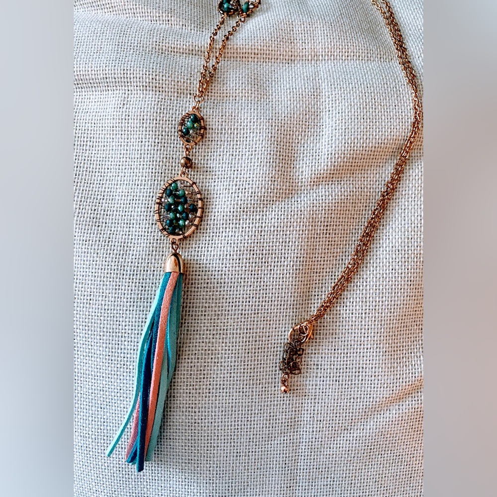 Gold metal with blue pink tassel long necklace
